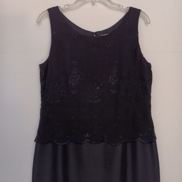 Adrianna Pappell Ocassions Sz 12P Navy Blue Silk Evening Maxi Dress w/Sequin - Picture 2 of 11